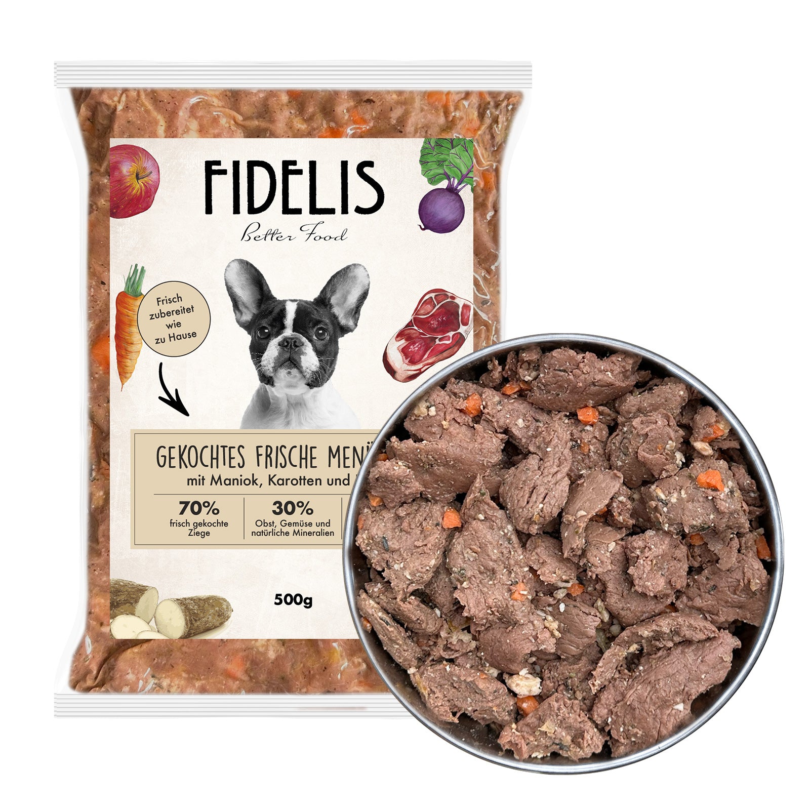 (500 g di surgelato) menu fresco cotto di capra con manioca, carote e pesca