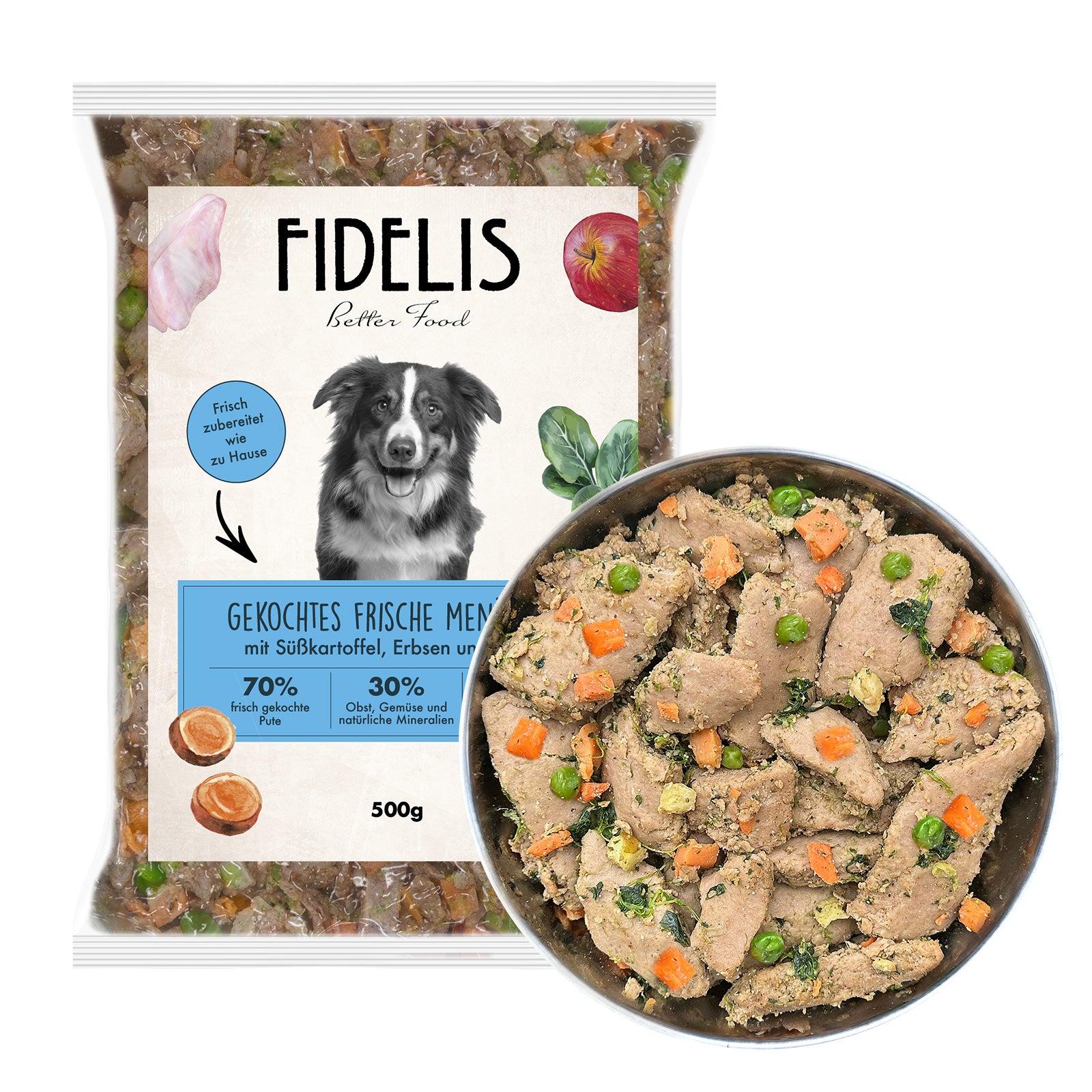 Menu fraîcheur de dinde cuite avec patate douce, petits pois et épinards (500g)