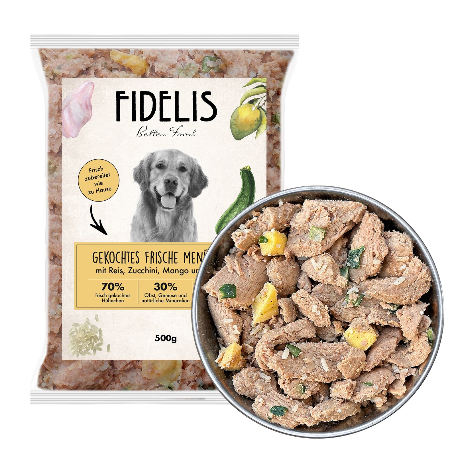 Menu frais cuit Poulet avec riz, courgette et mangue (500g, congelé)