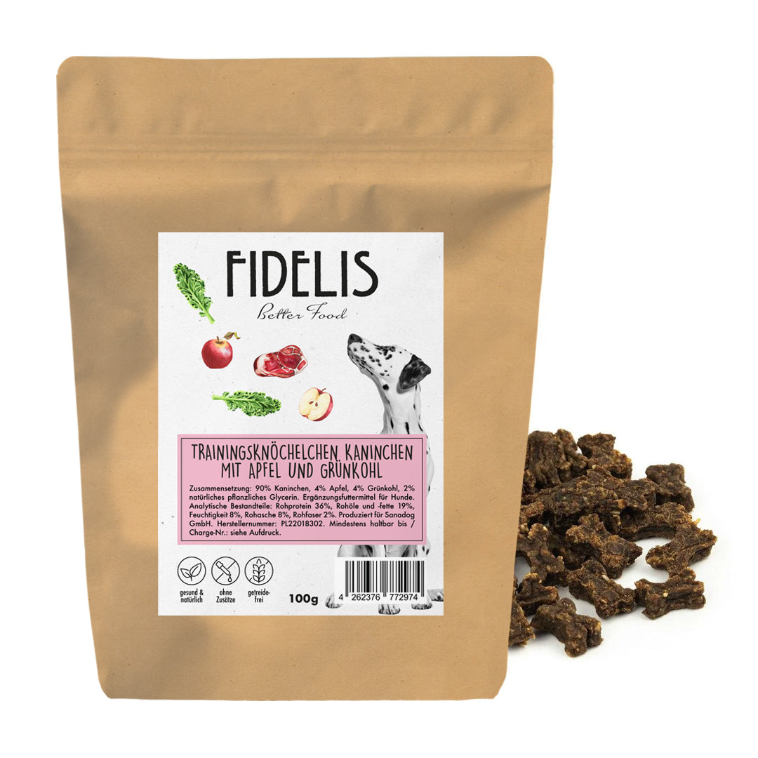 Petits os d'entraînement Lapin avec pomme et chou frisé - FIDELIS - (100g)
