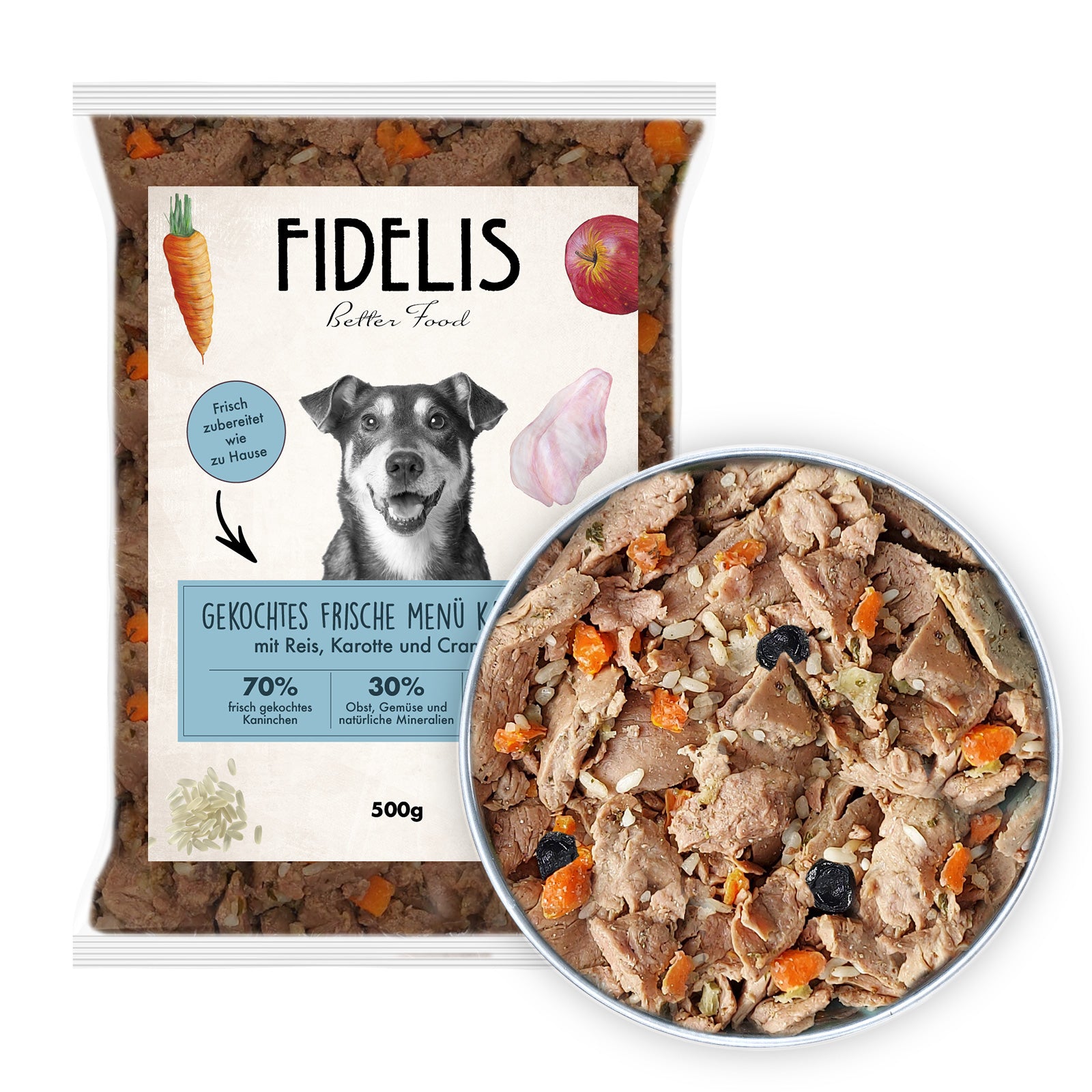 menu di coniglio fresco cotto con riso, carote e mirtilli rossi (500g)