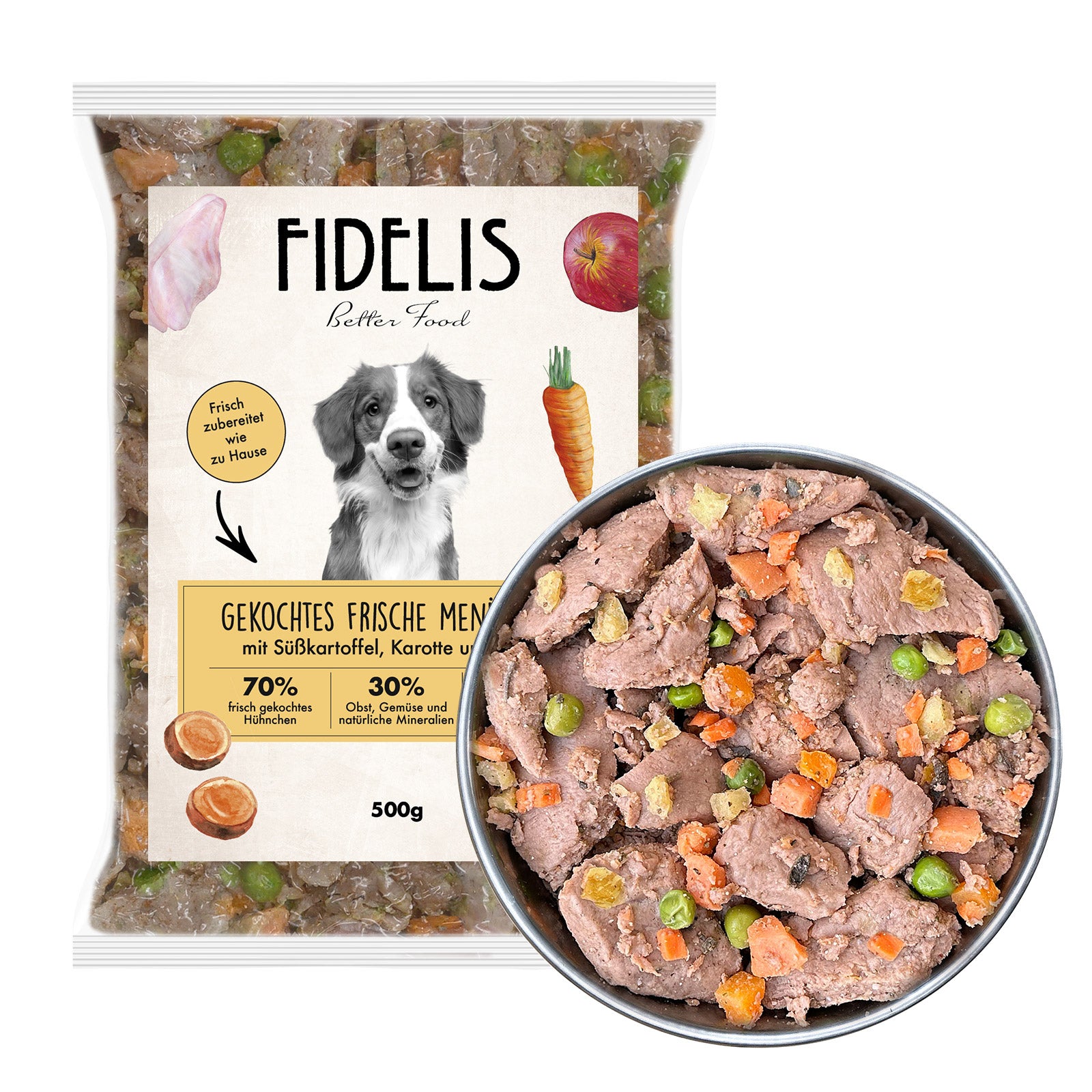 Menu frais cuit Poulet avec patate douce, carotte et potiron (500g, congelé)