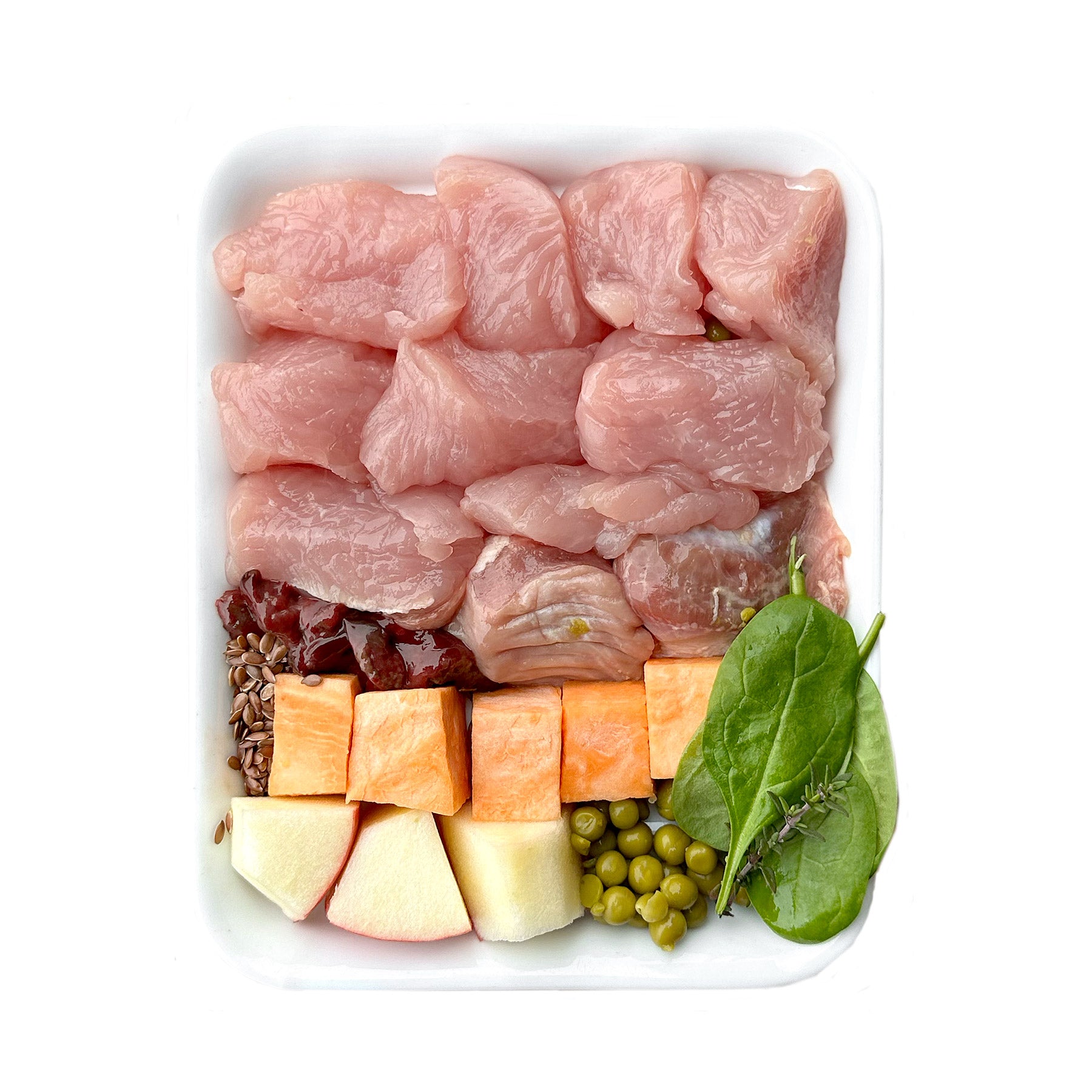 Menu fraîcheur de dinde cuite avec patate douce, petits pois et épinards (500g)