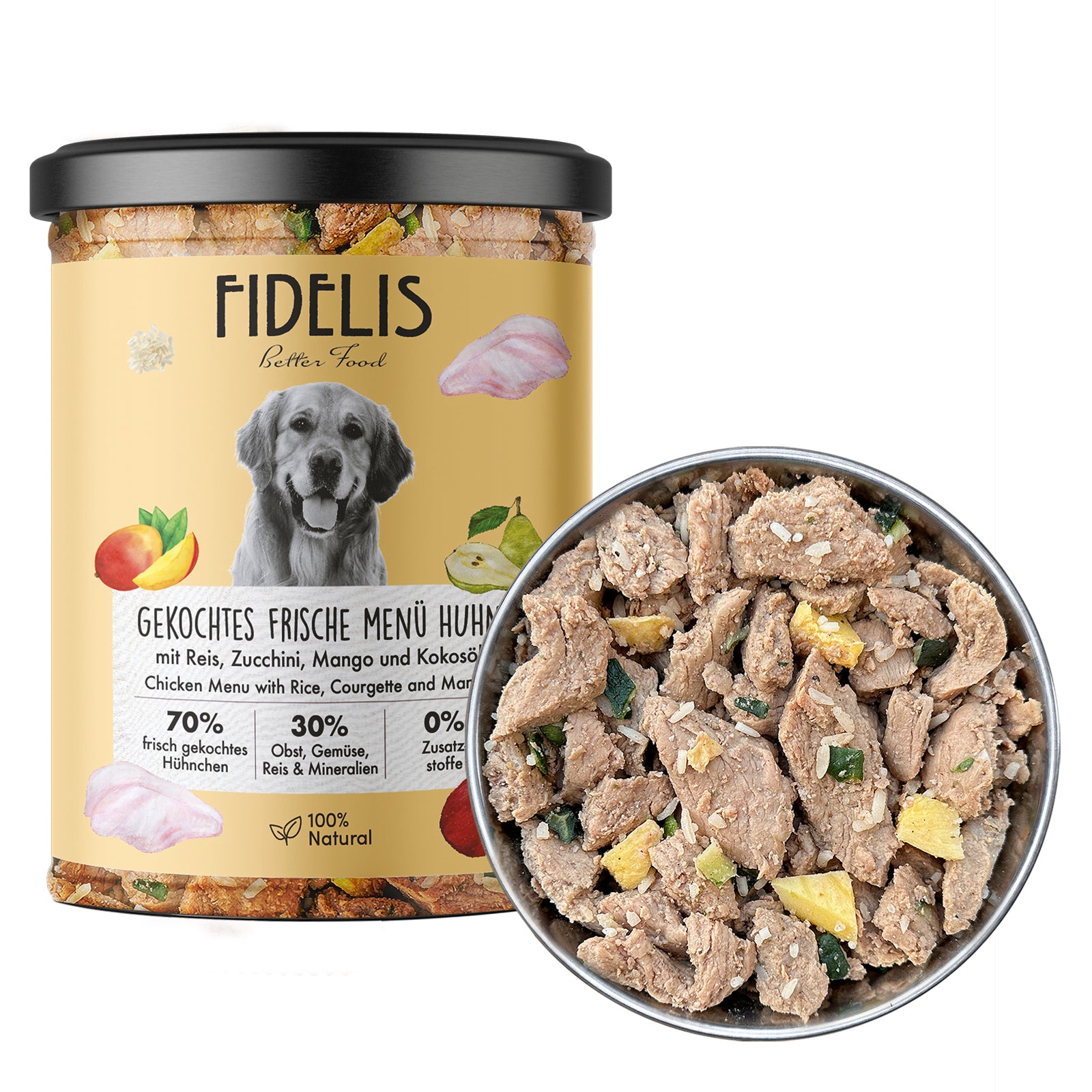 6 x gekochtes Frische-Menü Huhn mit Reis, Zucchini und Mango (Glas) –  Sanadog