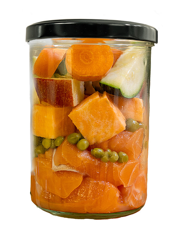 6 x cooked fresh salmon with sweet potato, peas and zucchini (jar)